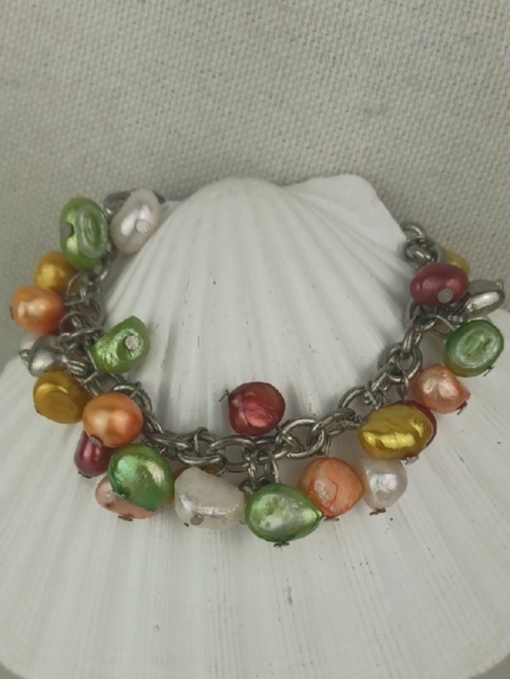 Vintage Tone Multi-Color Freshwater Pearl Charm Bracelet